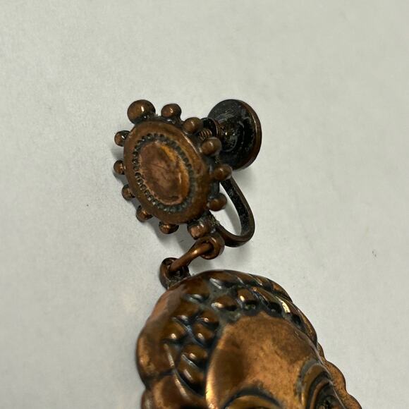 Vintage MCM Theater Drama Mask Comedy Tragedy Copper Screw Back Dangle Earrings - Picture 5 of 5
